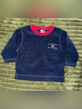 Vintage Tommy Hilfiger Baby Fleece Pullover Sweater 6-12 Months Navy Red Logo